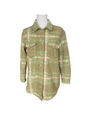 Joie Plaid Wool Blend Shacket Shirt Jacket Green Tan Peach Brushed Fabric XS